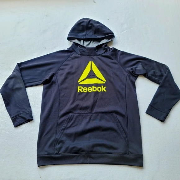 Reebok Boys Black Yellow Logo Hoodie Sweatshirt PlayWarm Kangaroo Pocket XL - Picture 1 of 8